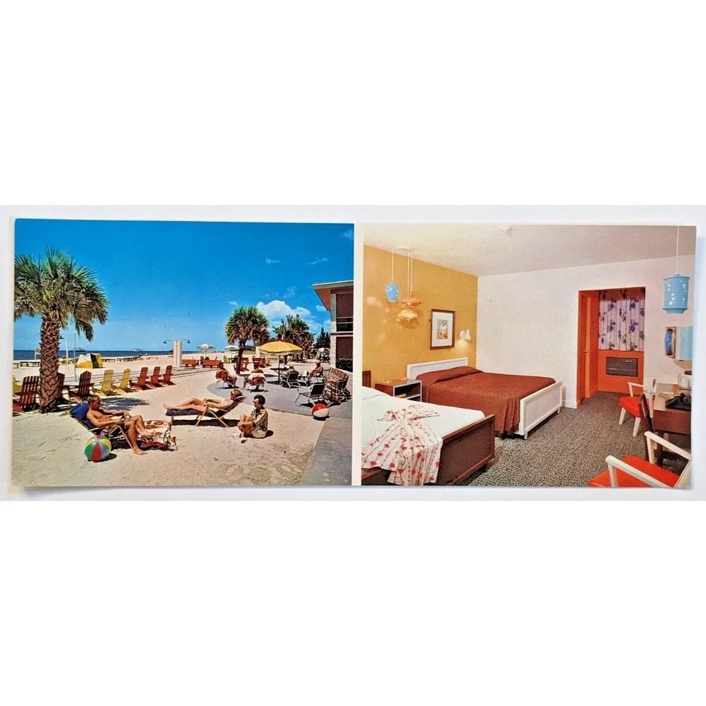 Treasure Island, Florida FL Buccaneer Resort Motel MCM Interior & Beach Postcard